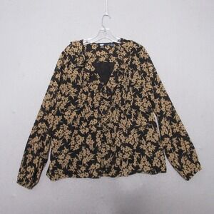 Lands Ends Top Women Large Dark Floral Ruffle Cottage Core Pintuck Boho Prairie‎